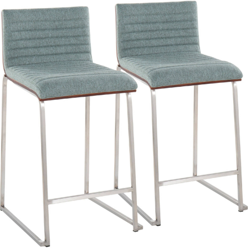 Mason Mara 26" Counter Stool in Stainless Steel, Walnut Wood & Green Fabric (Set of 2)